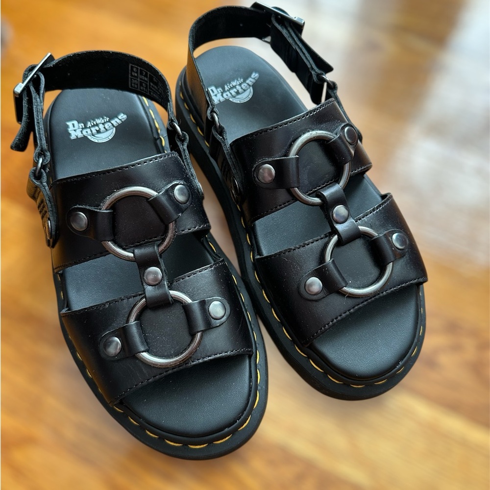 Dr. Martens Black Leather Ring-Detail Platform Sandals